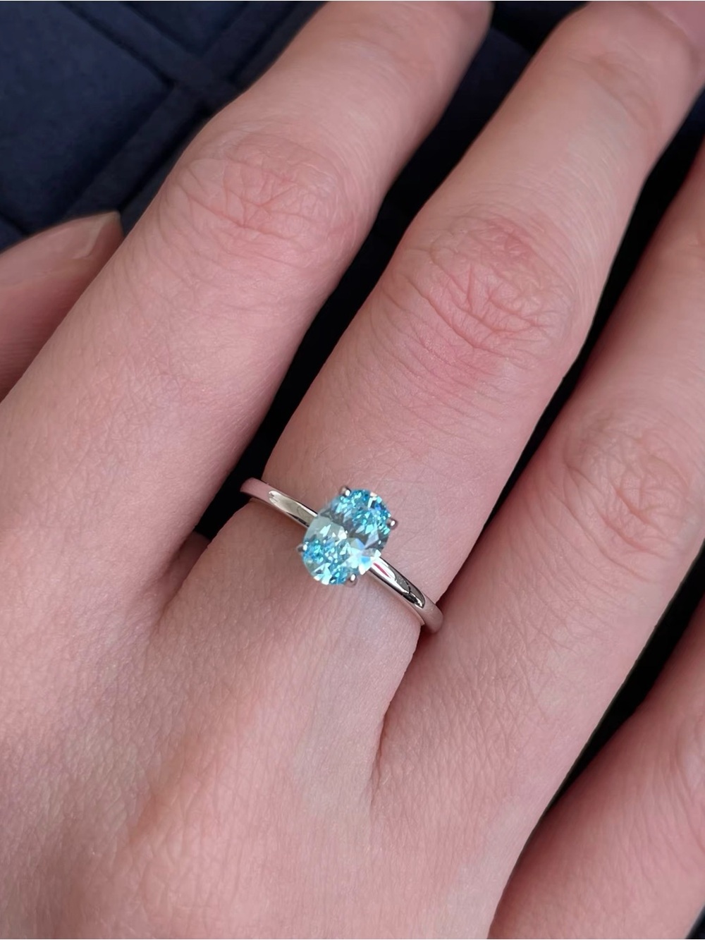 Sky Blue Oval Gemstone Solitaire Ring in Sterling-Color Band